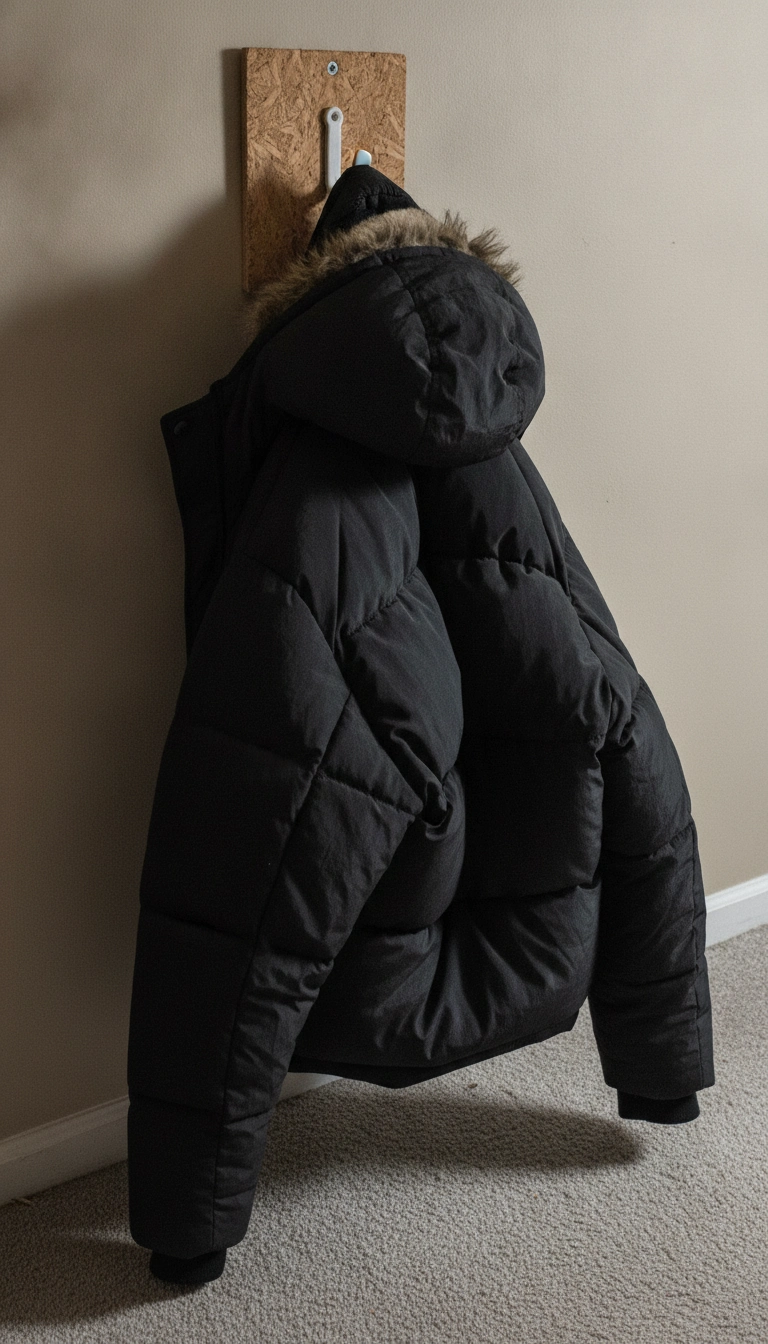 A heavy winter coat awkwardly slipping off a poorly designed, shallow wall hook.