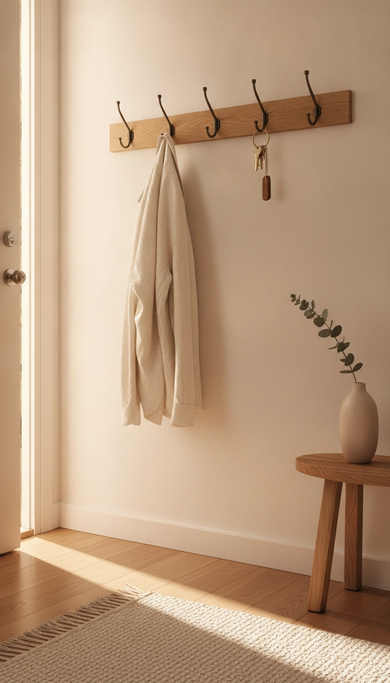 A beautifully organized and inviting entryway with natural wooden hooks and warm morning light.