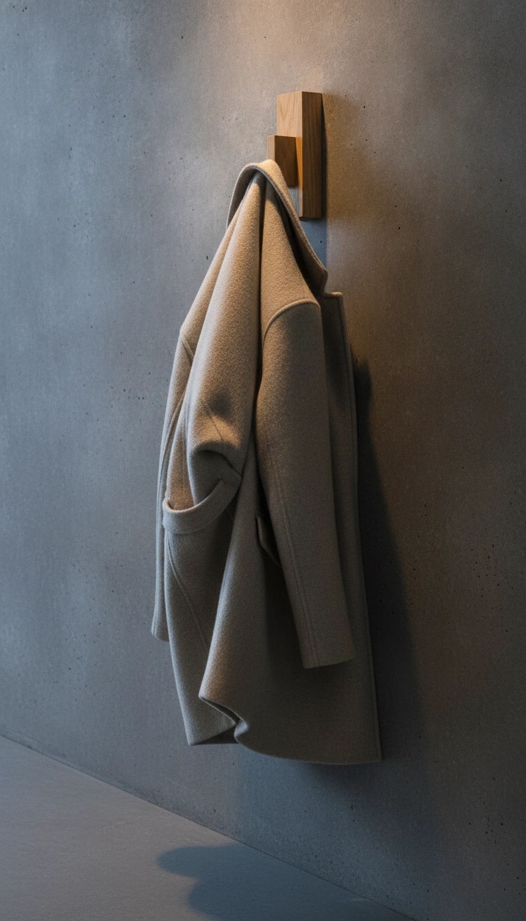A solid oak wooden wall hook holding a heavy winter coat, contrasting against a cool plaster wall.