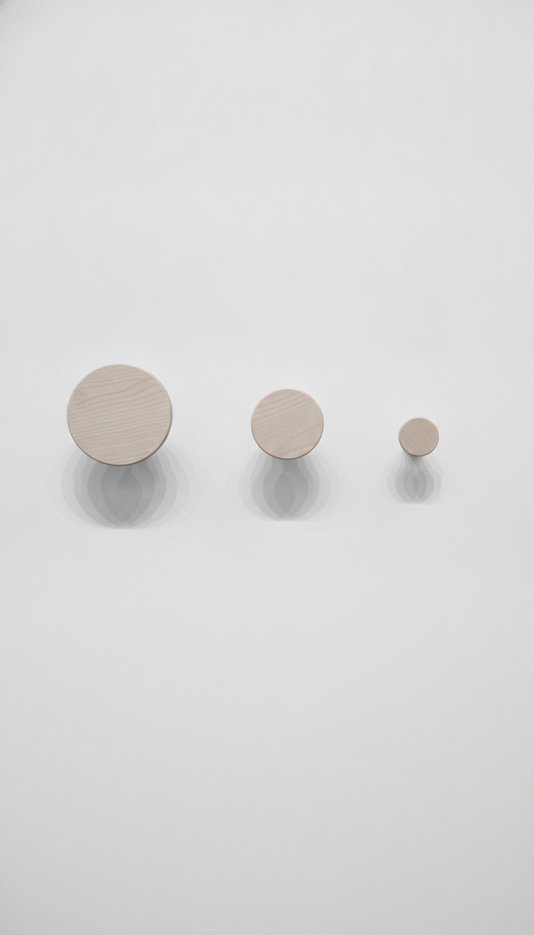 Three empty circular wooden pegs of varying sizes arranged on a neutral wall like modern art.