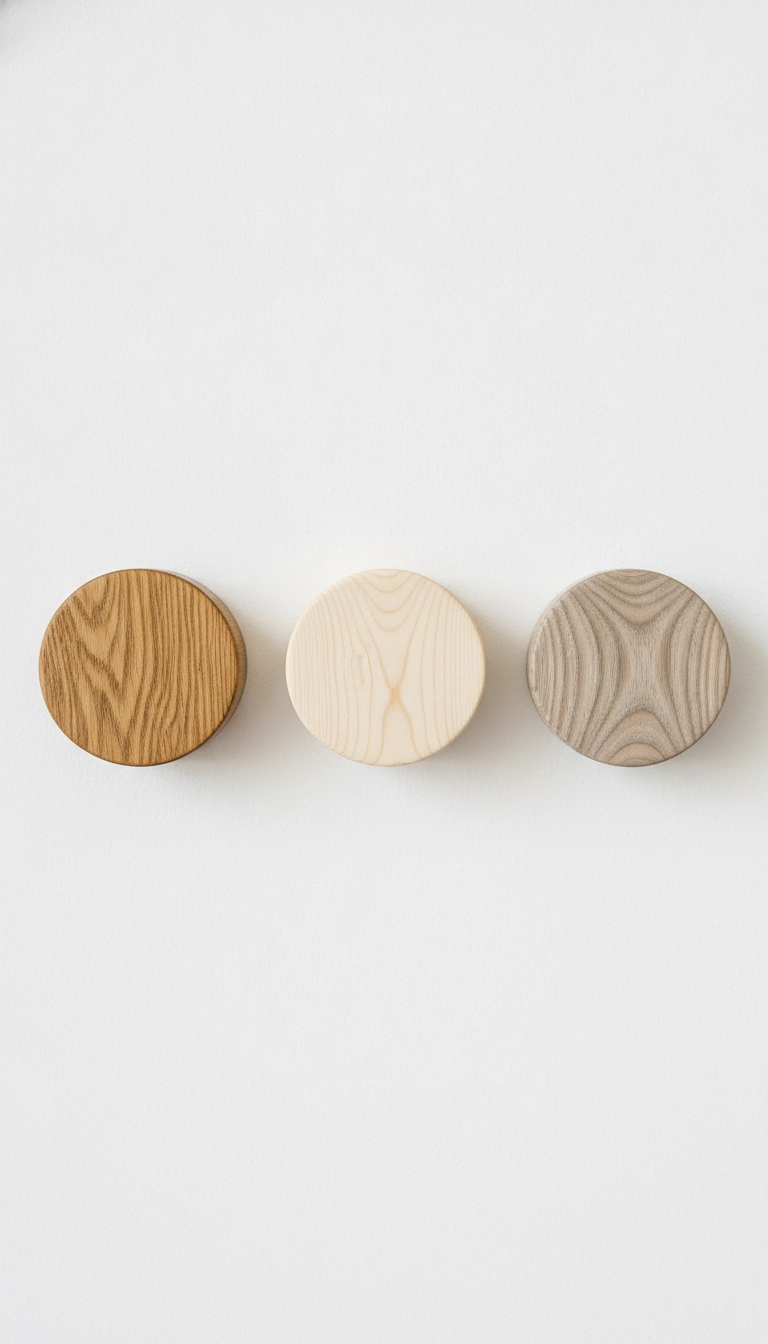 Three round wooden wall hooks made of oak, birch, and ash wood showing different grain patterns.