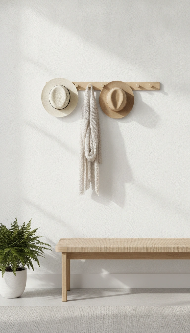A modern wooden multi-hook rail mounted on a white wall holding hats and a light scarf.