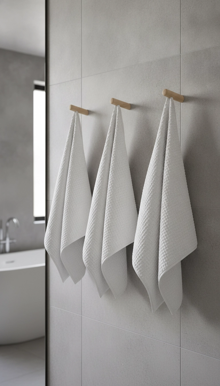 Light birch wooden hooks holding white waffle-weave towels in a bright bathroom.