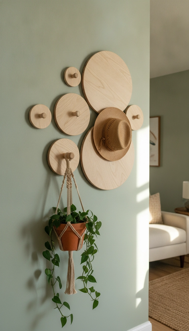 A creative staggered arrangement of circular wooden wall hooks of different sizes on a sage green wall.