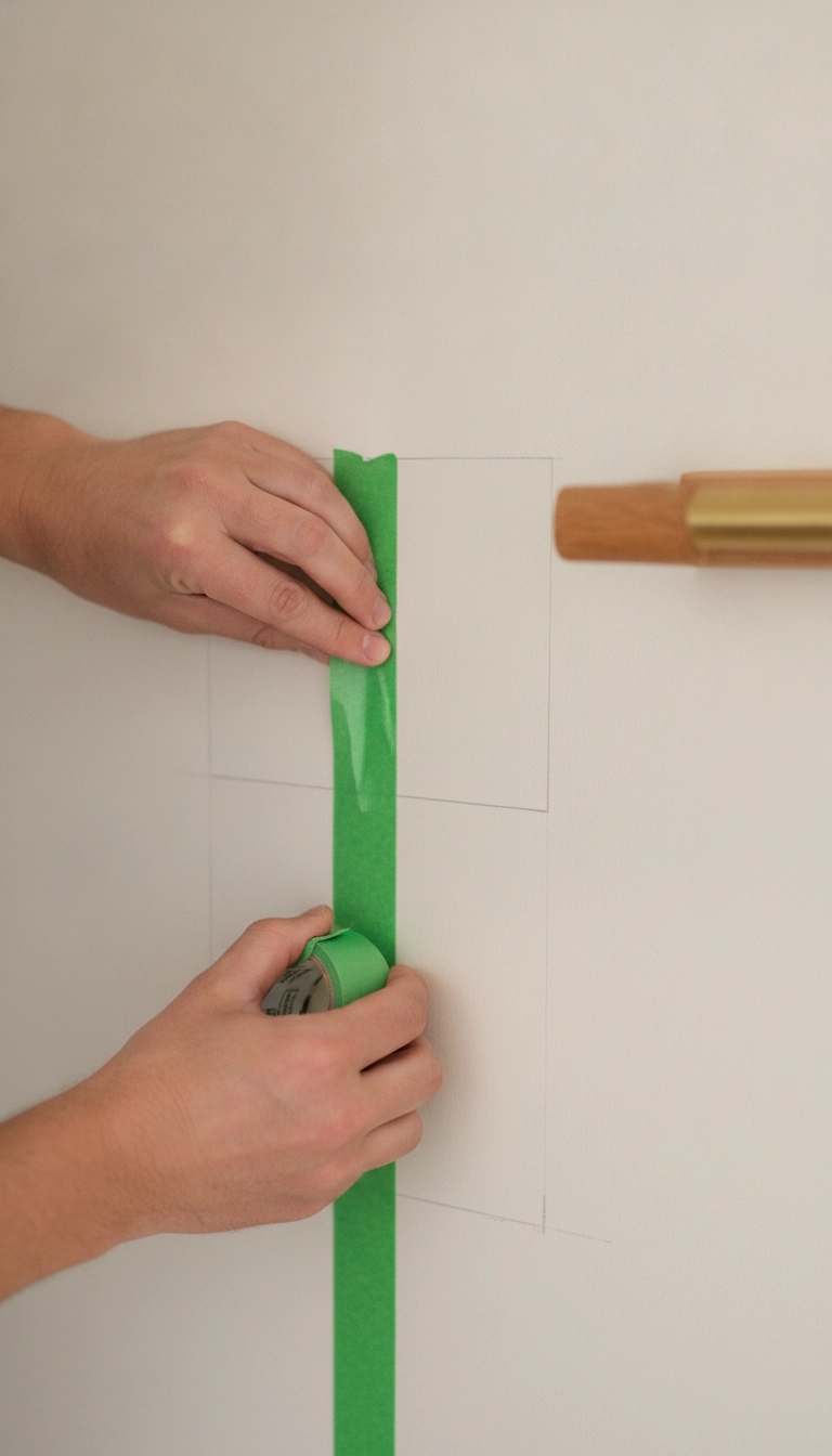 A person using green painter's tape on a wall to plan the placement of wooden wall hooks.