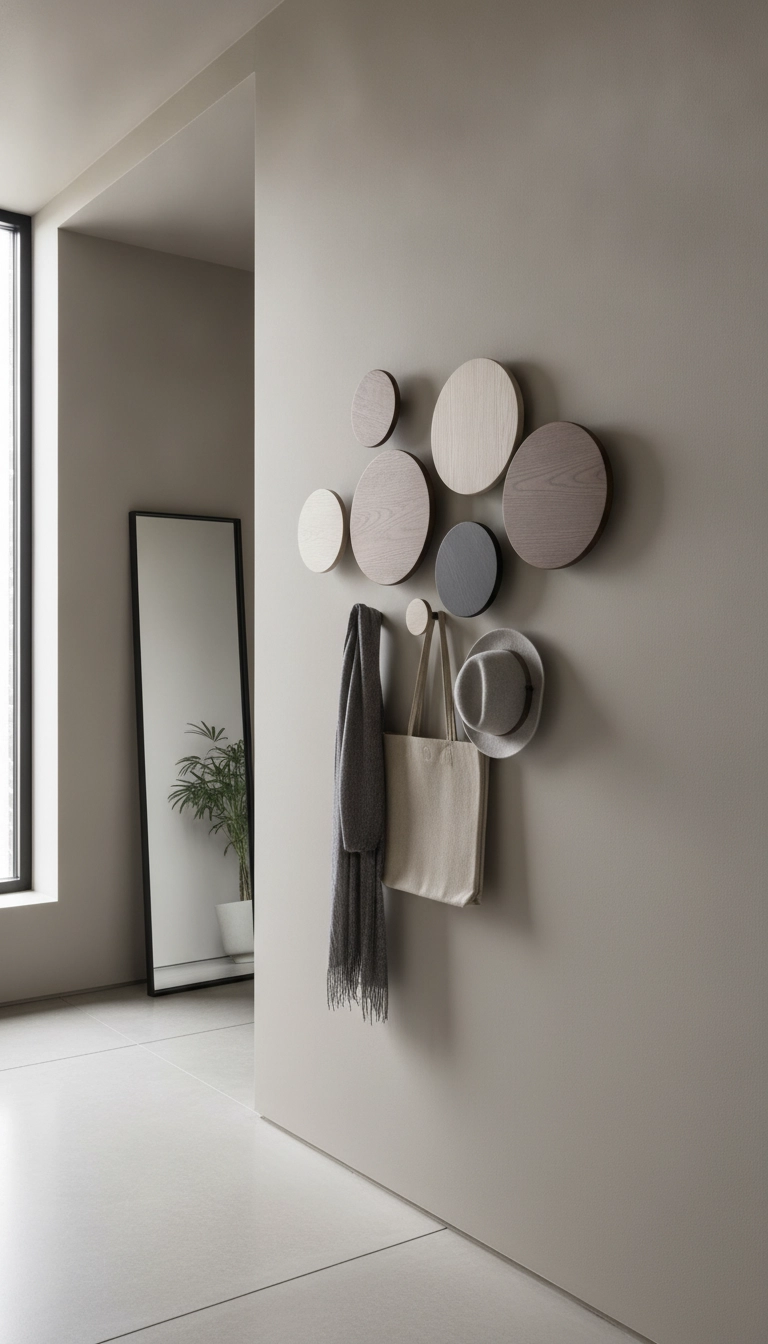 Premium designer circular wooden wall hooks arranged in a stylishly curated minimalist hallway.