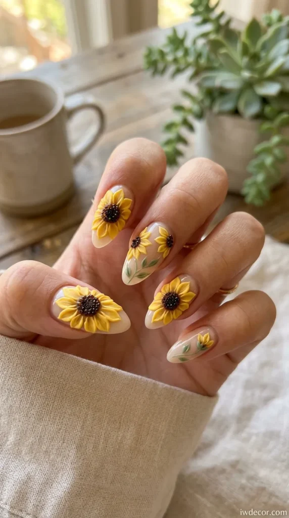 3D Gel Sunflower Nails